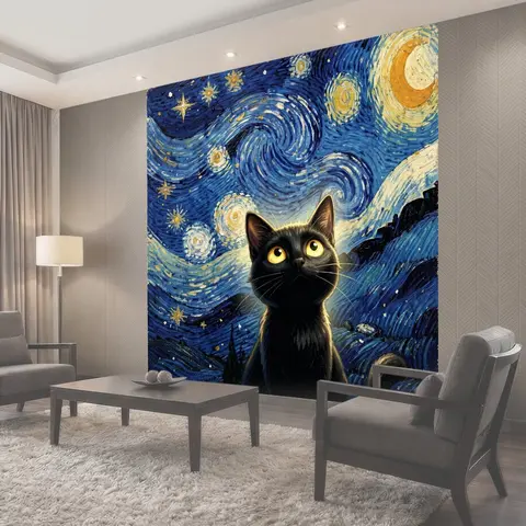 Фотообои Черный кот под звездным небом