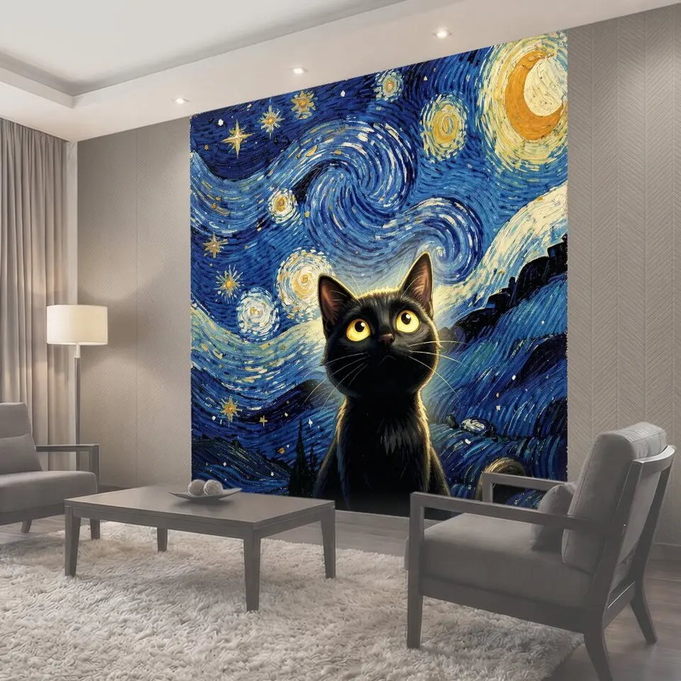 Фотообои Черный кот под звездным небом