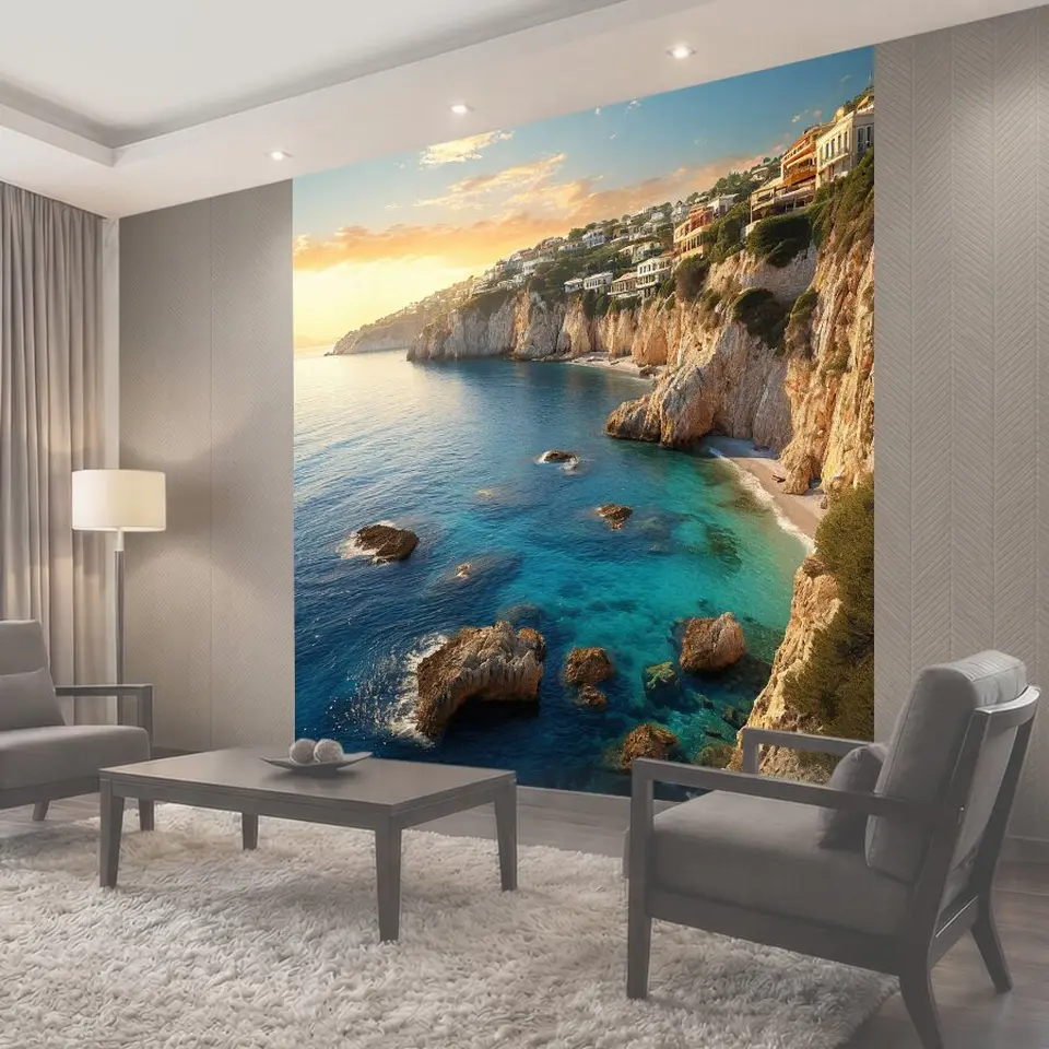 Фотообои Италия в лучах солнца, средиземное море, отвесные скалы утренний город туризм