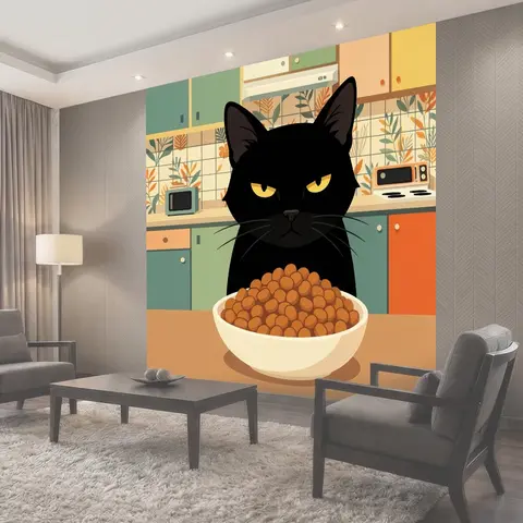 Фотообои Черный кот на кухне с кормом