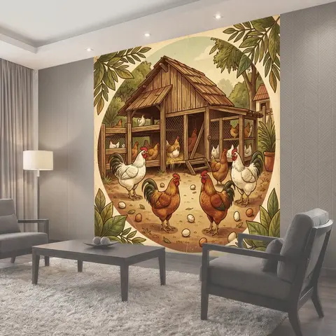 Фотообои Двор с курами и петухами