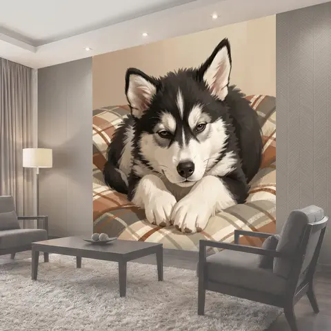 Фотообои Хаски на клетчатой подушке