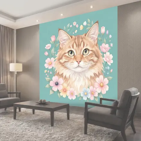 Фотообои Котик в венке из цветов