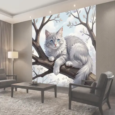 Фотообои Пушистый серый кот на ветке