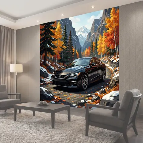 Фотообои Спортивный седан в горном лесу
