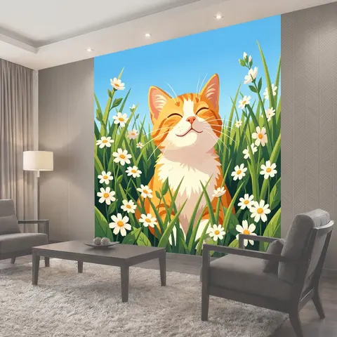 Фотообои Улыбающийся рыжий кот в ромашках