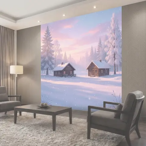 Фотообои Зимний лес с деревянными домиками