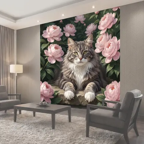Фотообои Пушистый серый кот среди пионов