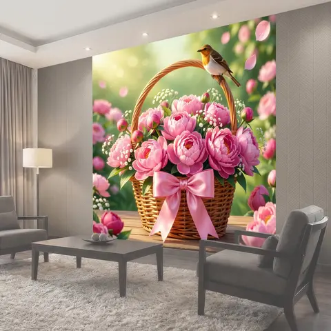 Фотообои Корзина с розовыми пионами