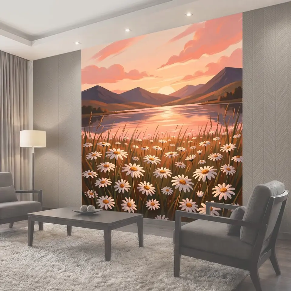 Фотообои Горное озеро с ромашками