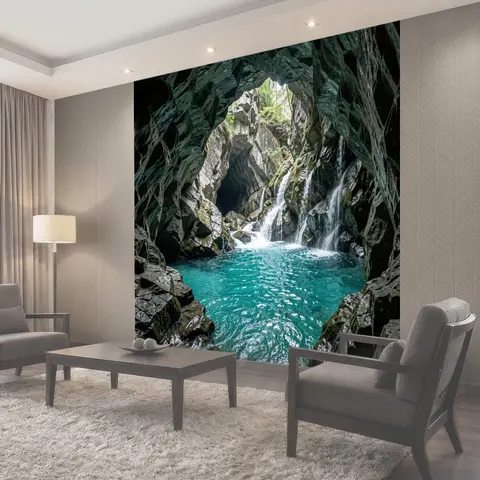 Фотообои Горный водопад в каменной пещере