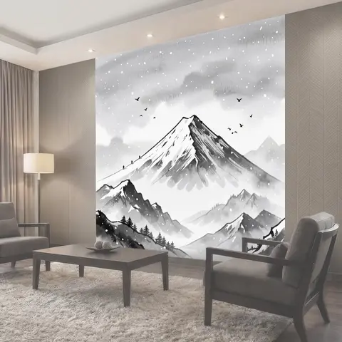 Фотообои Заснеженные горы и летящие птицы