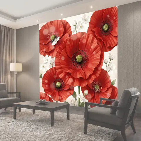 Фотообои Красные маки и нежные цветы