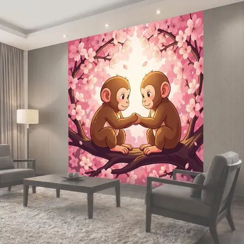 Фотообои Две обезьянки в цветущей сакуре