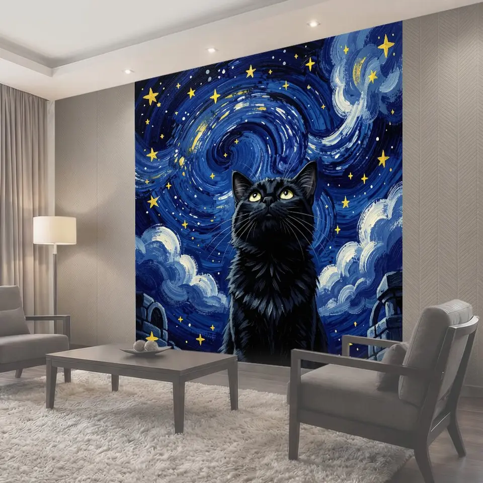 Фотообои Чёрный кот под звёздным небом