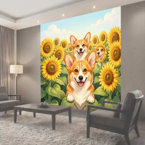 Фотообои Корги в подсолнухах