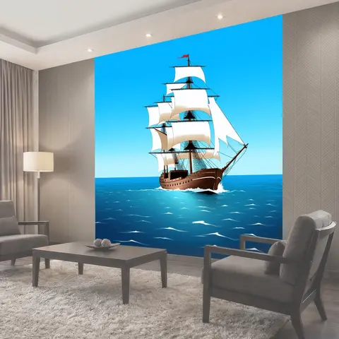 Фотообои Корабль, бороздящий безбрежные просторы моря, с белыми парусами, наполненными ветром