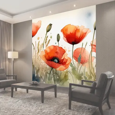 Фотообои Маки вазе в стиле акварель