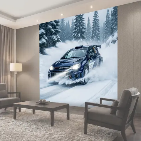 Фотообои Раллийный автомобиль в снежном лесу