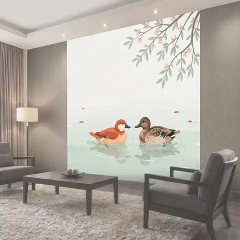 Фотообои Пара уток у воды с цветущей веткой
