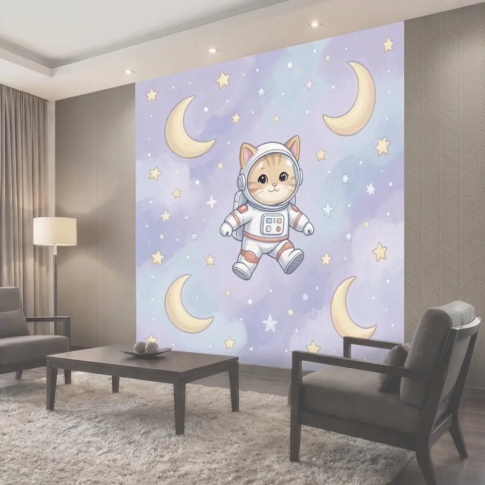 Фотообои Кот-космонавт среди звезд и лун
