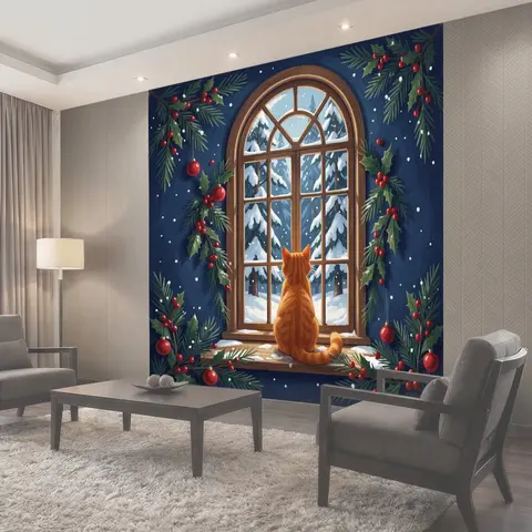 Фотообои Кот у заснеженного окна