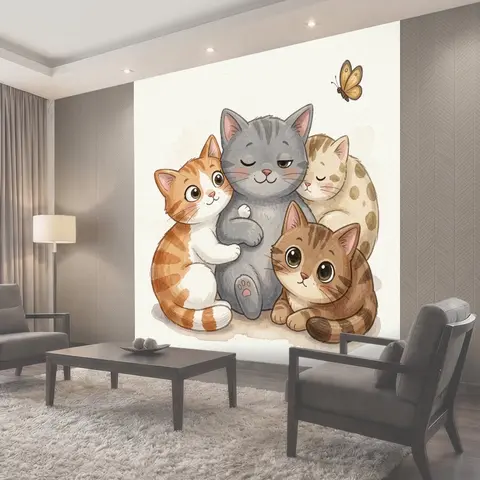 Фотообои Четыре милых котенка с бабочкой