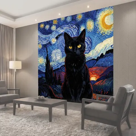 Фотообои Черный кот под звездным небом
