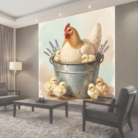 Фотообои Курица с цыплятами в ведре