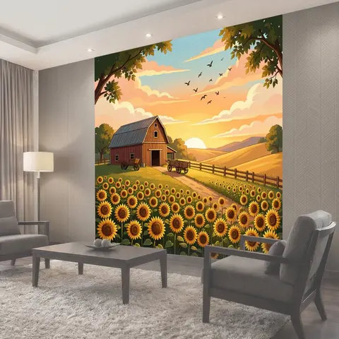 Фотообои Сельский амбар в подсолнухах