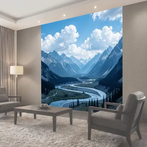 Фотообои Горная долина с рекой и лесом