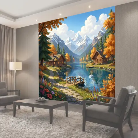 Фотообои Горное озеро с домиками