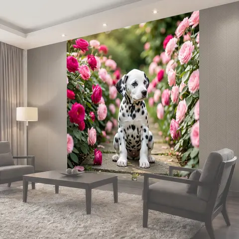 Фотообои Далматинец среди розовых роз