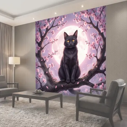 Фотообои Черный кот среди сакуры