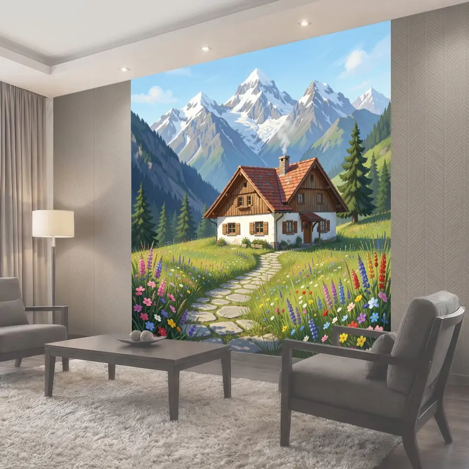 Фотообои Альпийский дом среди гор