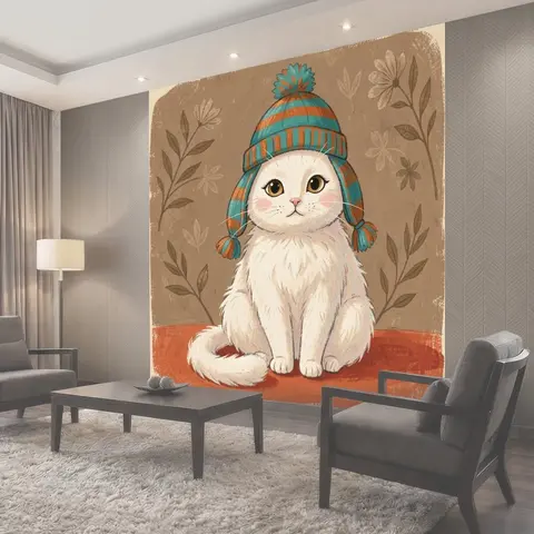 Фотообои Белый кот в зимней шапке