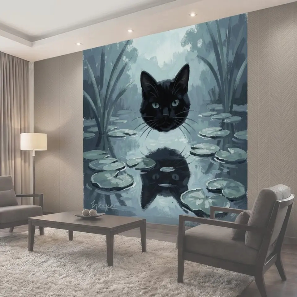 Фотообои Чёрный кот у воды с камышами