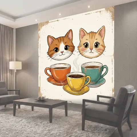 Фотообои Коты и чашки с кофе