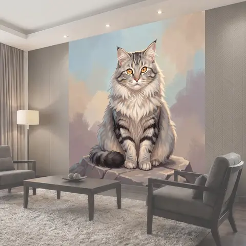 Фотообои Пушистый серый кот на камне