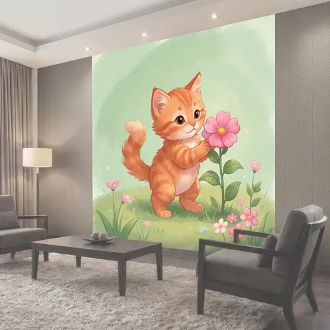Фотообои Рыжий котёнок с цветком