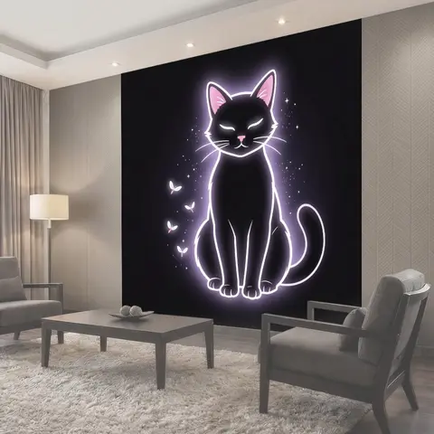 Фотообои Неоновый черный кот с бабочками
