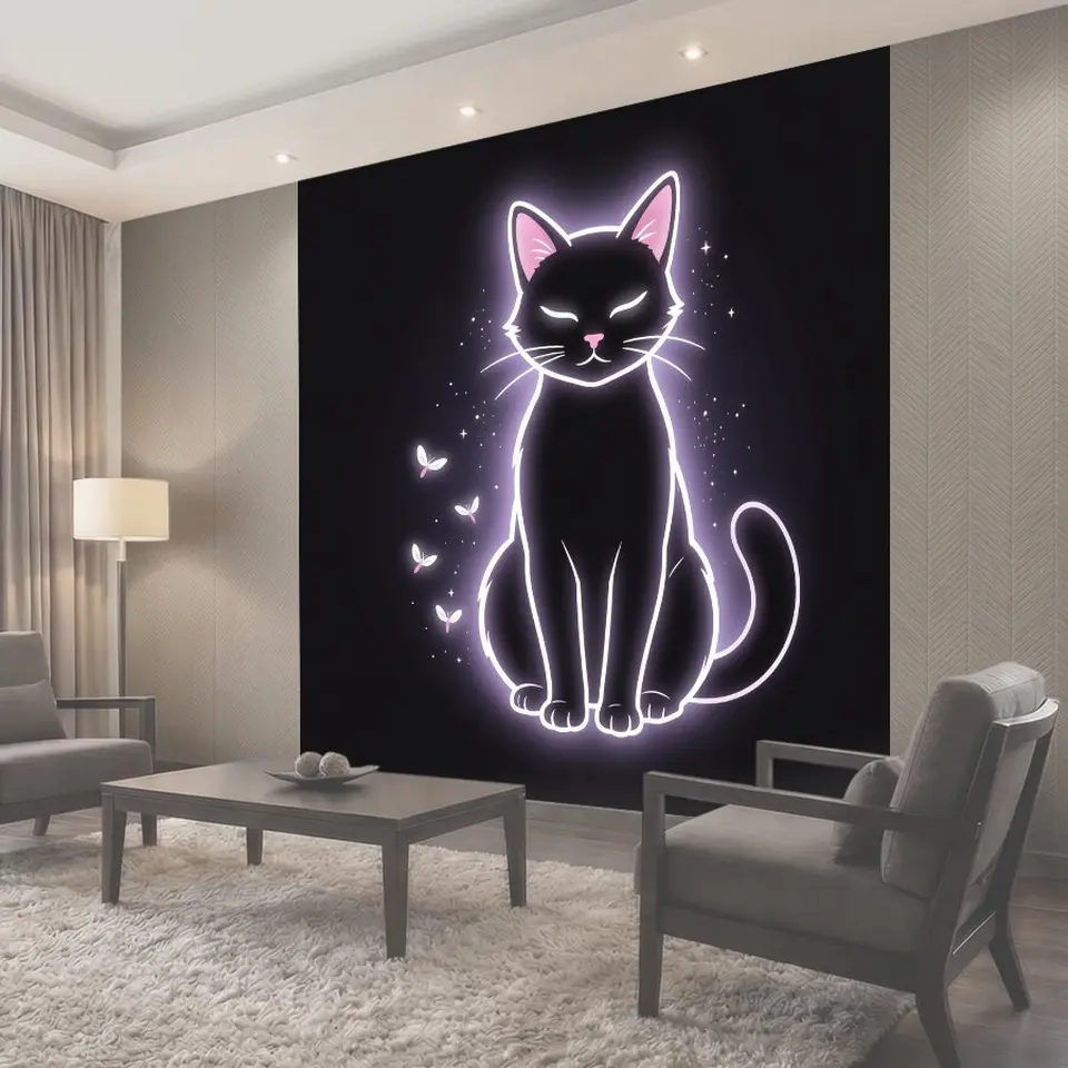 Фотообои Неоновый черный кот с бабочками