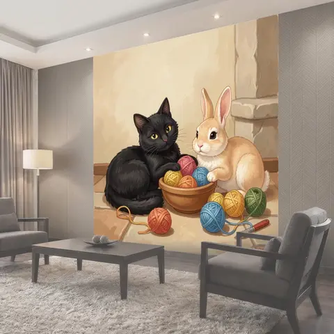 Фотообои Кот и кролик с клубками пряжи