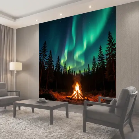 Фотообои Северное сияние над лесным костром