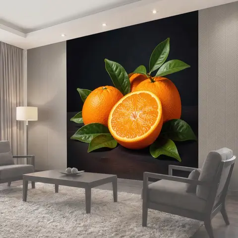 Фотообои Апельсины с зелёными листьями