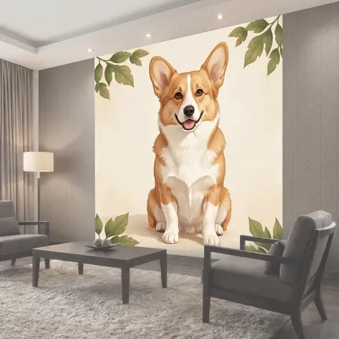 Фотообои Сидящий корги среди листьев