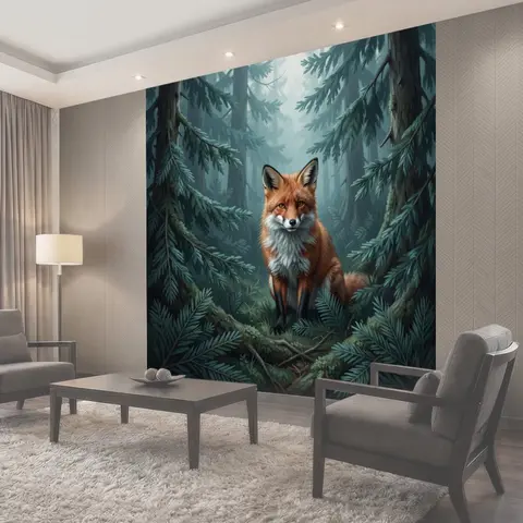 Фотообои Лисица среди хвойных деревьев
