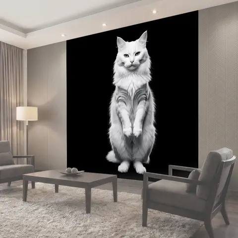 Фотообои Белый пушистый кот на черном фоне