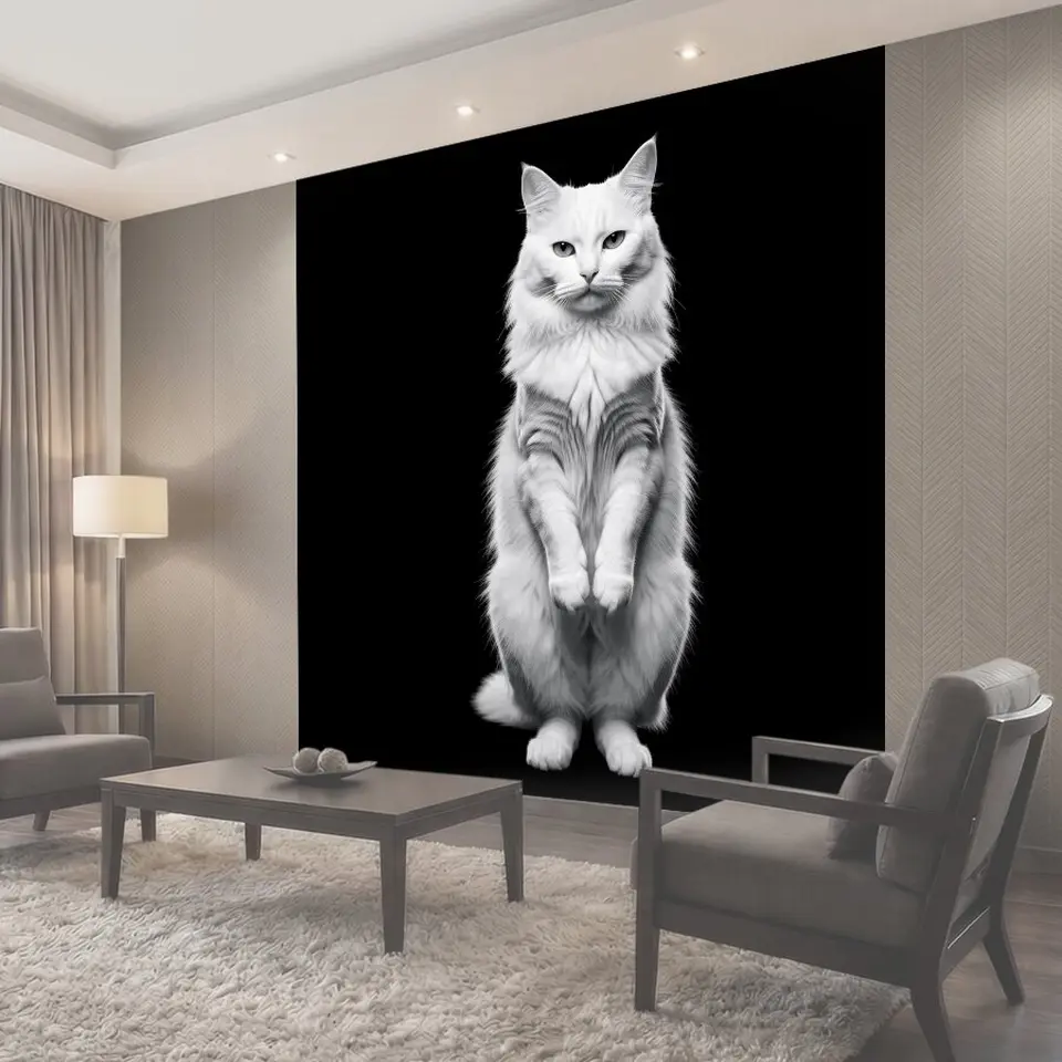 Фотообои Белый пушистый кот на черном фоне