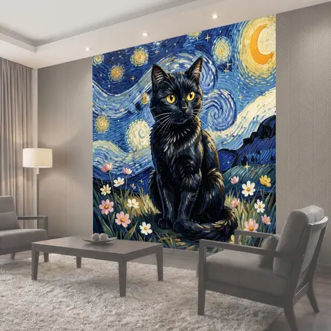 Фотообои Черный кот под звездным небом